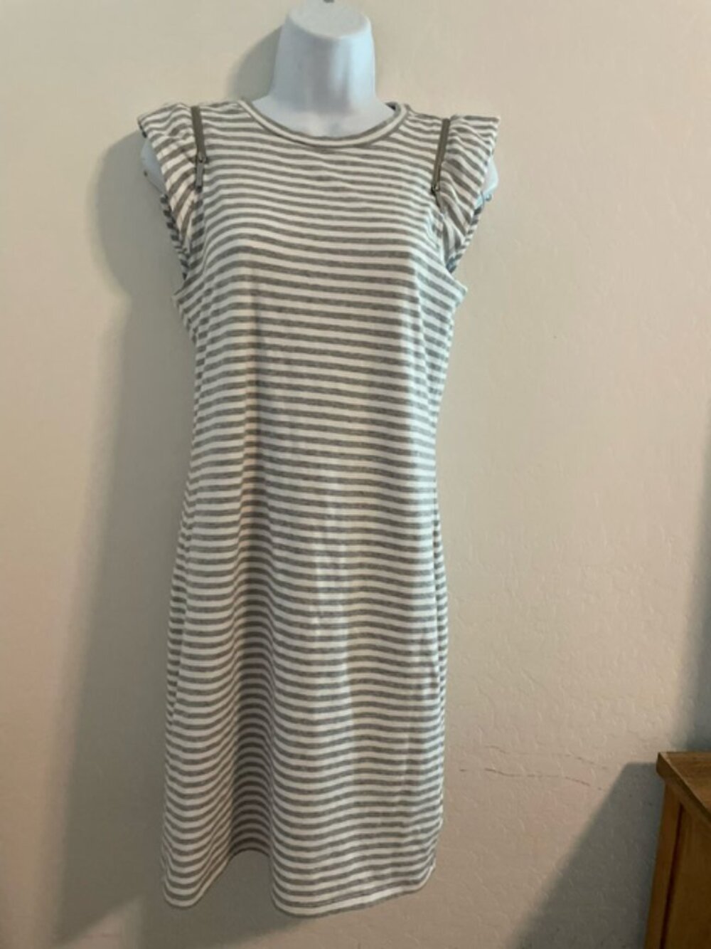 Michael Kors Basic Sheath Dress Womens XS Gray/White Striped Shoulder Zipper